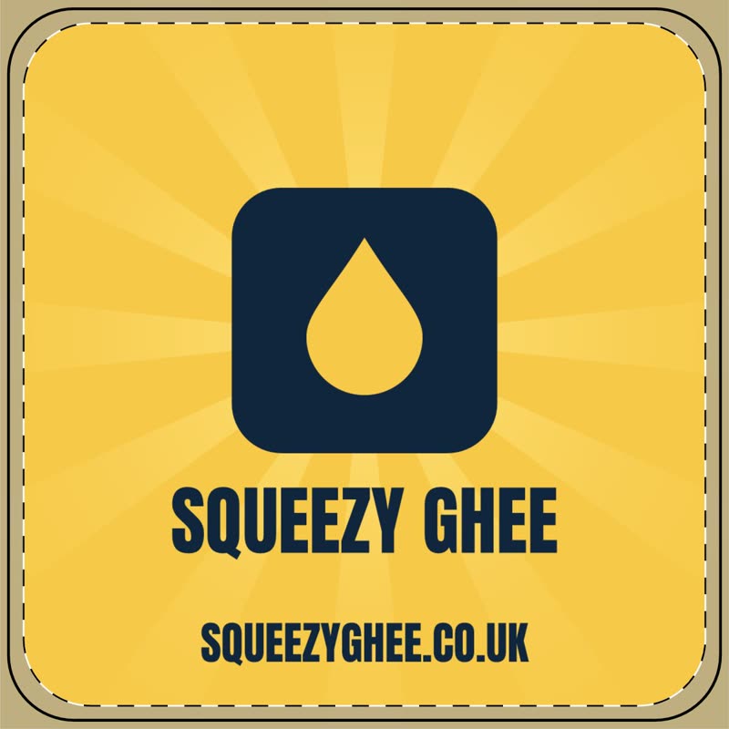 Square coaster: the navy ghee-drop mark on a butter-yellow sunburst, above SQUEEZY GHEE and the web address.