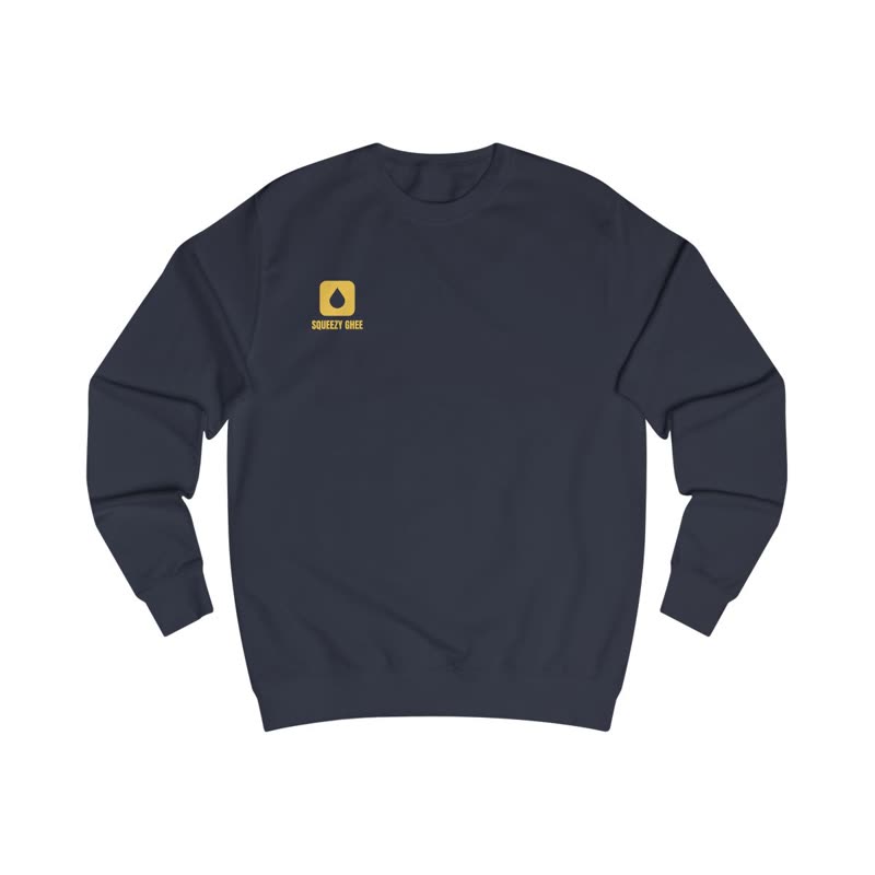 French navy sweatshirt with the mark printed small on the left chest.